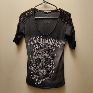 Crash & Burn Black Graphic Women's Top Skull Head - Cute And Sexy! Distressed